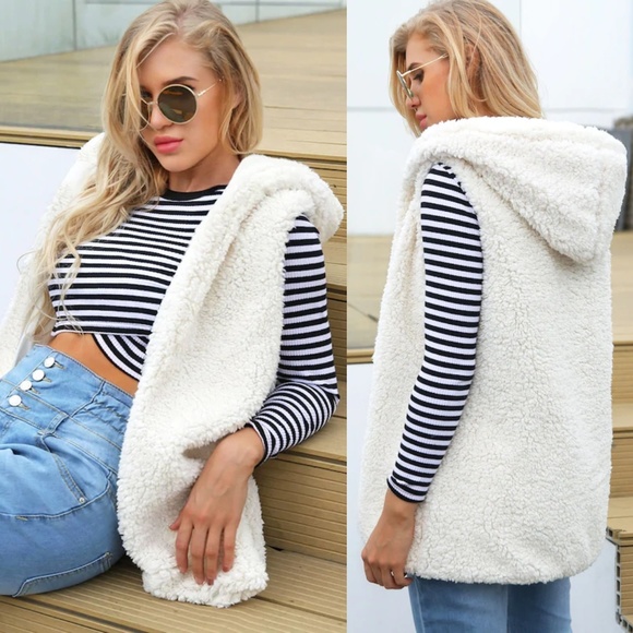 Fierce Broad Jackets & Blazers - White Fluffy Hooded Vest